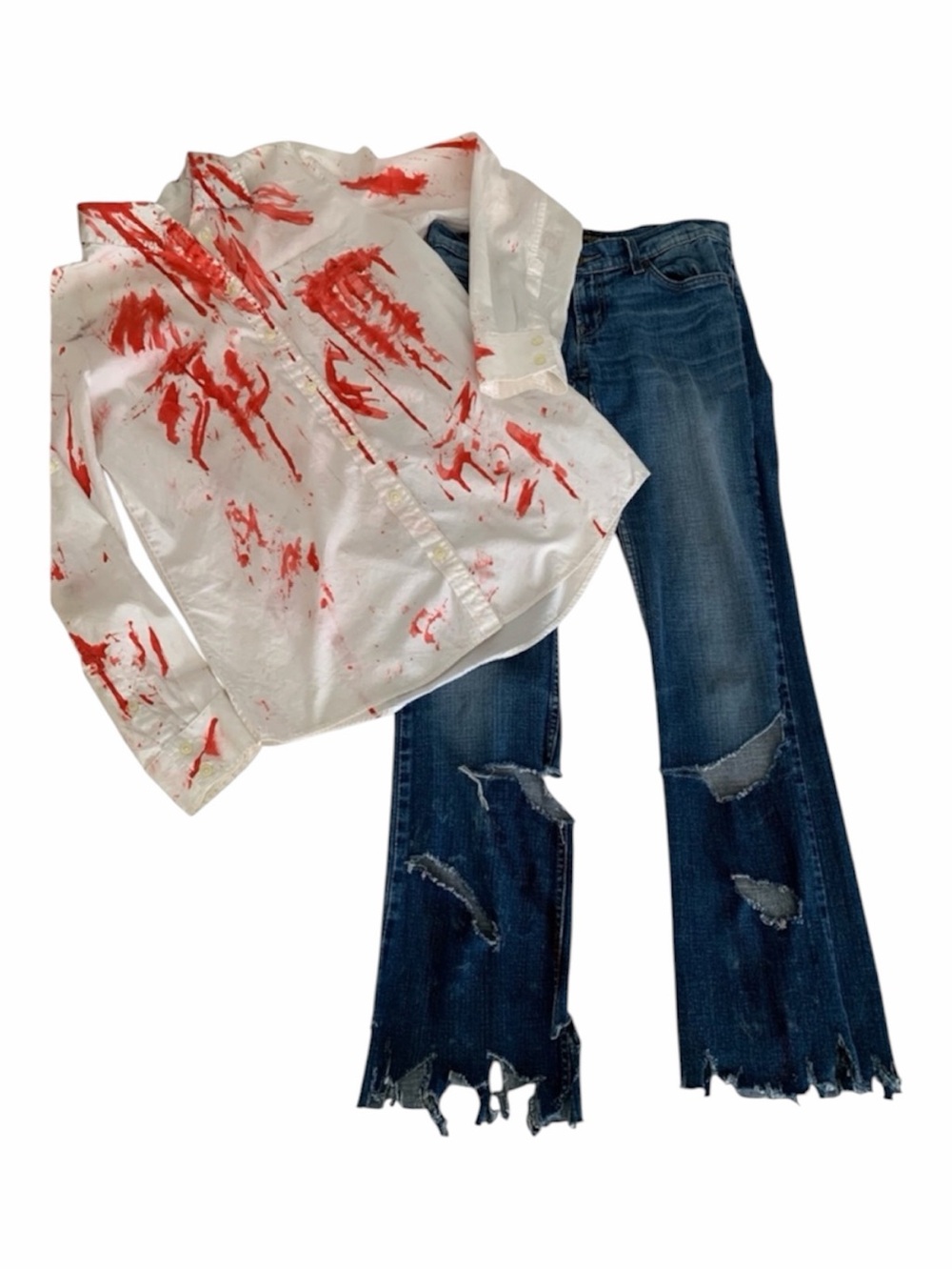 Homemade Zombie Halloween Costume Medium White Red Shirt Damaged Blue Jeans